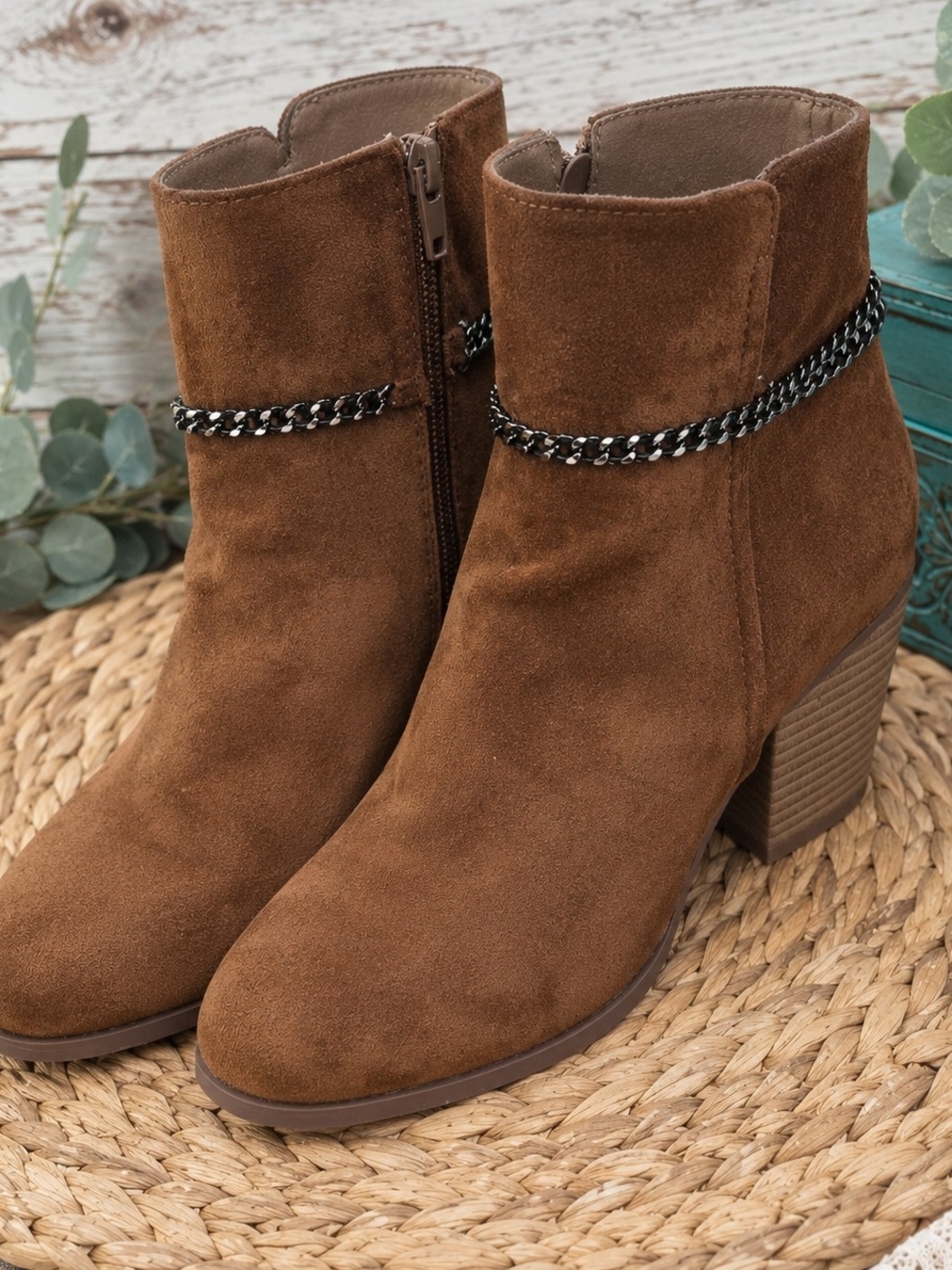 Brown Faux Suede Chain Accent Ankle Boots Size 8